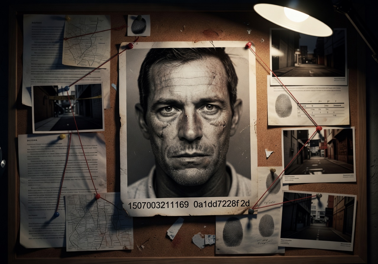 Suspect photograph pinned to investigation board